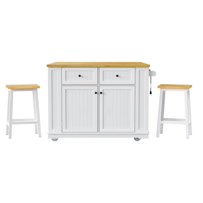 48inch Kitchen Island with 2 Bar Stools, Power Outlet, Door Internal Storage Rack, Kitchen Storage Cart on 5 Wheels with Drop Leaf, 5 Side Racks, 2 Drawers,White (Old SKU N707S000015W)(Three Packages) - 1st Choice Furniture Direct
