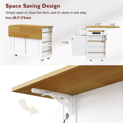 48inch Kitchen Island with 2 Bar Stools, Power Outlet, Door Internal Storage Rack, Kitchen Storage Cart on 5 Wheels with Drop Leaf, 5 Side Racks, 2 Drawers,White (Old SKU N707S000015W)(Three Packages) - 1st Choice Furniture Direct