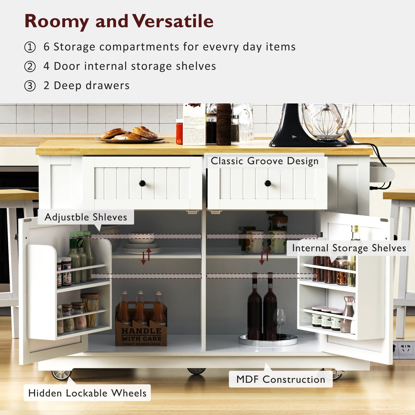 48inch Kitchen Island with 2 Bar Stools, Power Outlet, Door Internal Storage Rack, Kitchen Storage Cart on 5 Wheels with Drop Leaf, 5 Side Racks, 2 Drawers,White (Old SKU N707S000015W)(Three Packages) - 1st Choice Furniture Direct