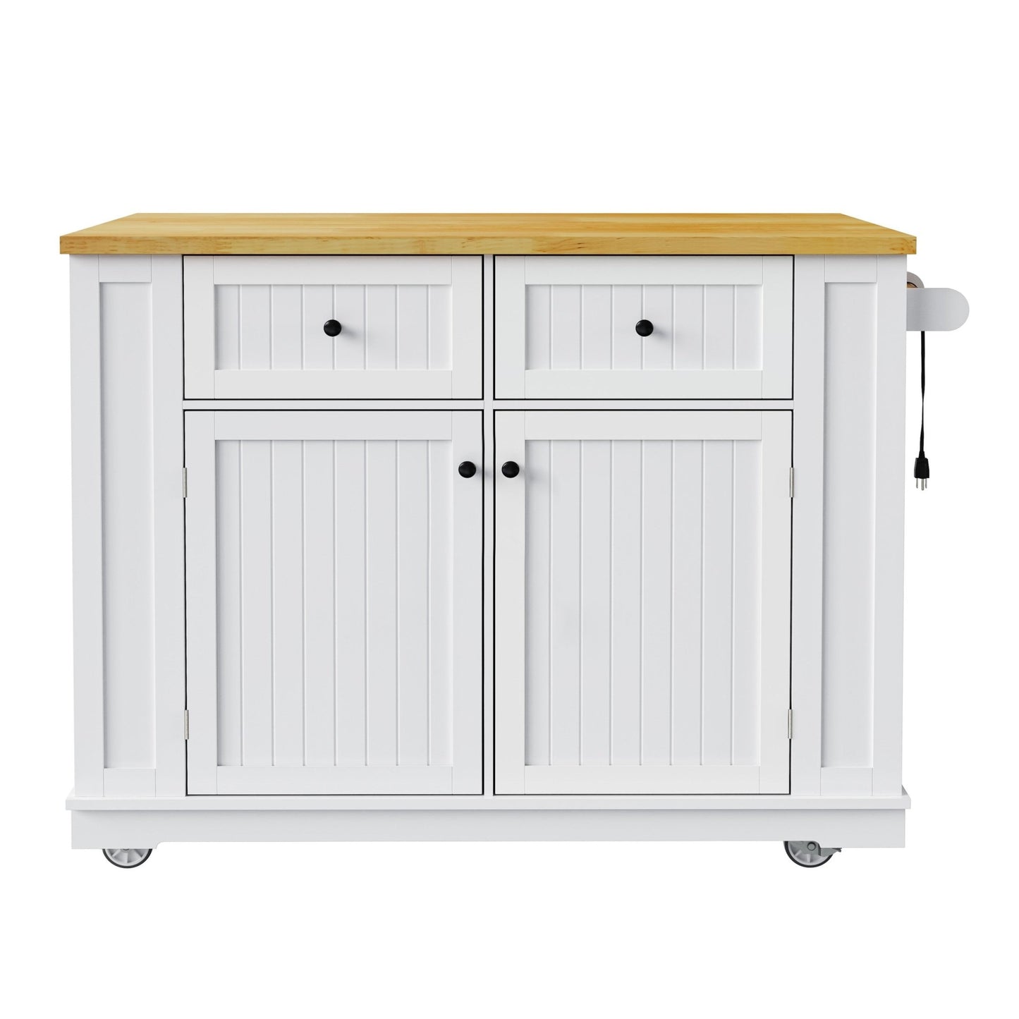 48inch Kitchen Island with 2 Bar Stools, Power Outlet, Door Internal Storage Rack, Kitchen Storage Cart on 5 Wheels with Drop Leaf, 5 Side Racks, 2 Drawers,White (Old SKU N707S000015W)(Three Packages) - 1st Choice Furniture Direct