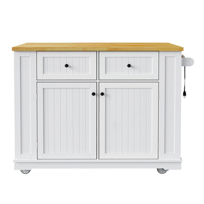 48inch Kitchen Island with 2 Bar Stools, Power Outlet, Door Internal Storage Rack, Kitchen Storage Cart on 5 Wheels with Drop Leaf, 5 Side Racks, 2 Drawers,White (Old SKU N707S000015W)(Three Packages) - 1st Choice Furniture Direct