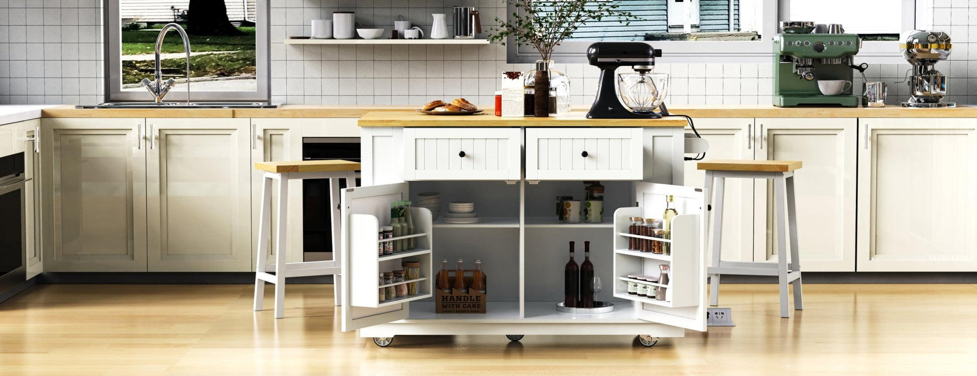 48inch Kitchen Island with 2 Bar Stools, Power Outlet, Door Internal Storage Rack, Kitchen Storage Cart on 5 Wheels with Drop Leaf, 5 Side Racks, 2 Drawers,White (Old SKU N707S000015W)(Three Packages) - 1st Choice Furniture Direct