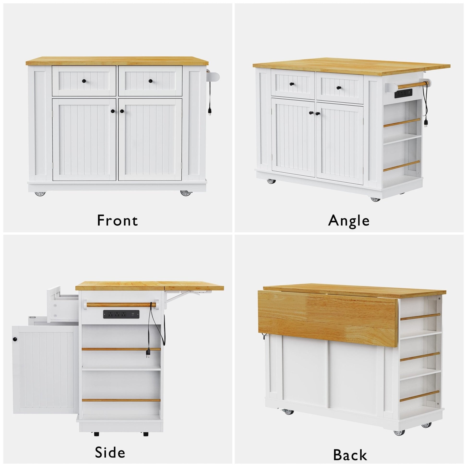 48inch Kitchen Island with 2 Bar Stools, Power Outlet, Door Internal Storage Rack, Kitchen Storage Cart on 5 Wheels with Drop Leaf, 5 Side Racks, 2 Drawers,White (Old SKU N707S000015W)(Three Packages) - 1st Choice Furniture Direct