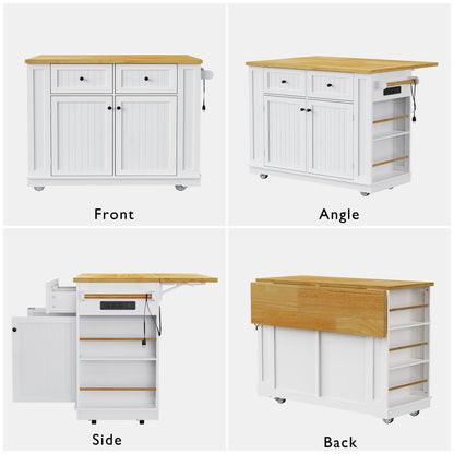 48inch Kitchen Island with 2 Bar Stools, Power Outlet, Door Internal Storage Rack, Kitchen Storage Cart on 5 Wheels with Drop Leaf, 5 Side Racks, 2 Drawers,White (Old SKU N707S000015W)(Three Packages) - 1st Choice Furniture Direct