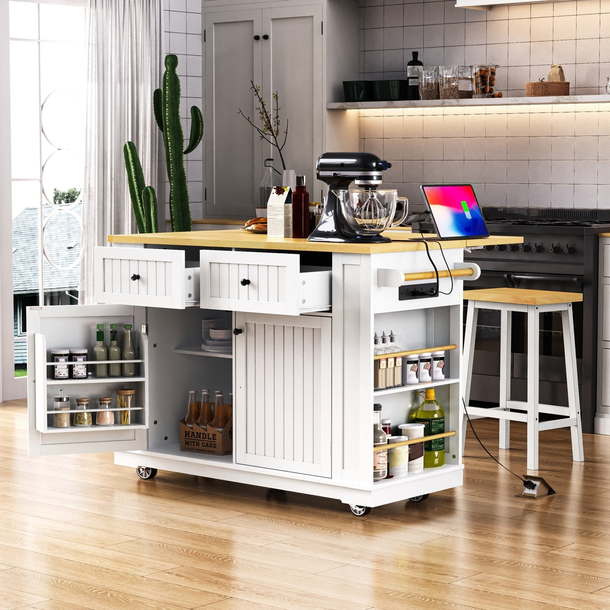 48inch Kitchen Island with 2 Bar Stools, Power Outlet, Door Internal Storage Rack, Kitchen Storage Cart on 5 Wheels with Drop Leaf, 5 Side Racks, 2 Drawers,White (Old SKU N707S000015W)(Three Packages) - 1st Choice Furniture Direct