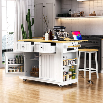 48inch Kitchen Island with 2 Bar Stools, Power Outlet, Door Internal Storage Rack, Kitchen Storage Cart on 5 Wheels with Drop Leaf, 5 Side Racks, 2 Drawers,White (Old SKU N707S000015W)(Three Packages) - 1st Choice Furniture Direct