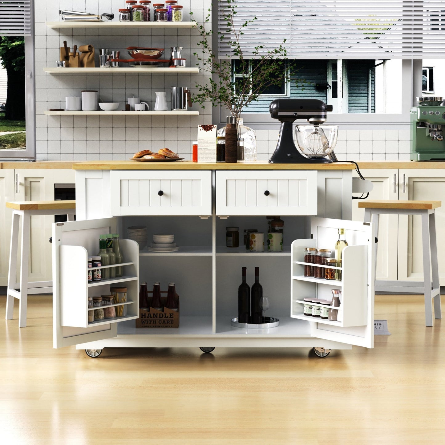 48inch Kitchen Island with 2 Bar Stools, Power Outlet, Door Internal Storage Rack, Kitchen Storage Cart on 5 Wheels with Drop Leaf, 5 Side Racks, 2 Drawers,White (Old SKU N707S000015W)(Three Packages) - 1st Choice Furniture Direct