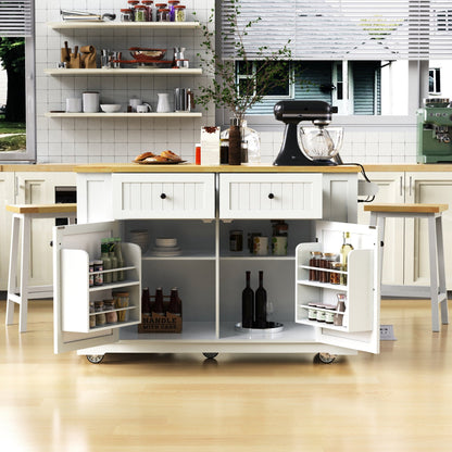 48inch Kitchen Island with 2 Bar Stools, Power Outlet, Door Internal Storage Rack, Kitchen Storage Cart on 5 Wheels with Drop Leaf, 5 Side Racks, 2 Drawers,White (Old SKU N707S000015W)(Three Packages) - 1st Choice Furniture Direct