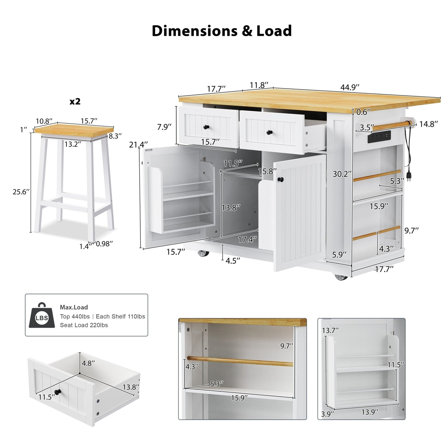 48inch Kitchen Island with 2 Bar Stools, Power Outlet, Door Internal Storage Rack, Kitchen Storage Cart on 5 Wheels with Drop Leaf, 5 Side Racks, 2 Drawers,White (Old SKU N707S000015W)(Three Packages) - 1st Choice Furniture Direct