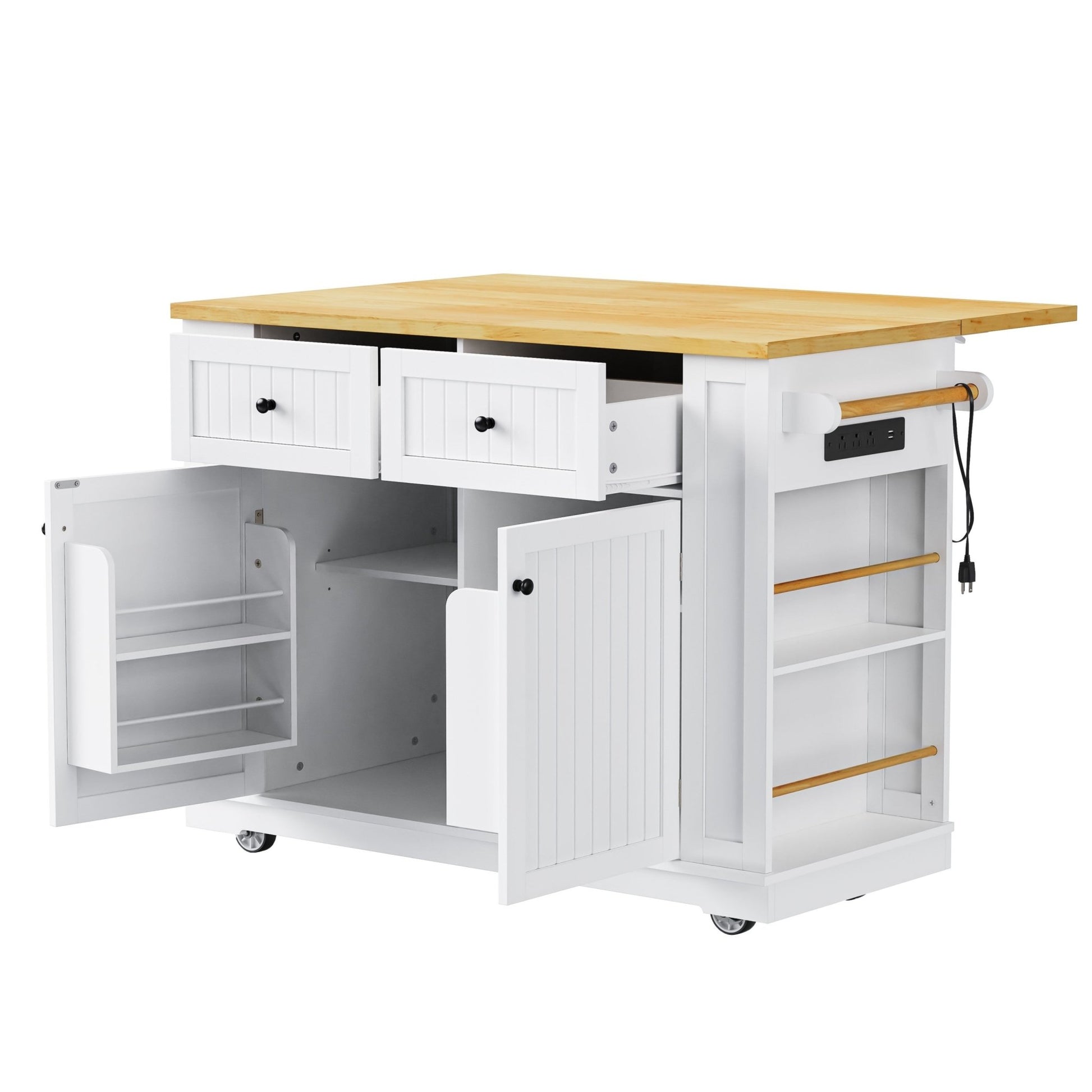 48inch Kitchen Island with 2 Bar Stools, Power Outlet, Door Internal Storage Rack, Kitchen Storage Cart on 5 Wheels with Drop Leaf, 5 Side Racks, 2 Drawers,White (Old SKU N707S000015W)(Three Packages) - 1st Choice Furniture Direct