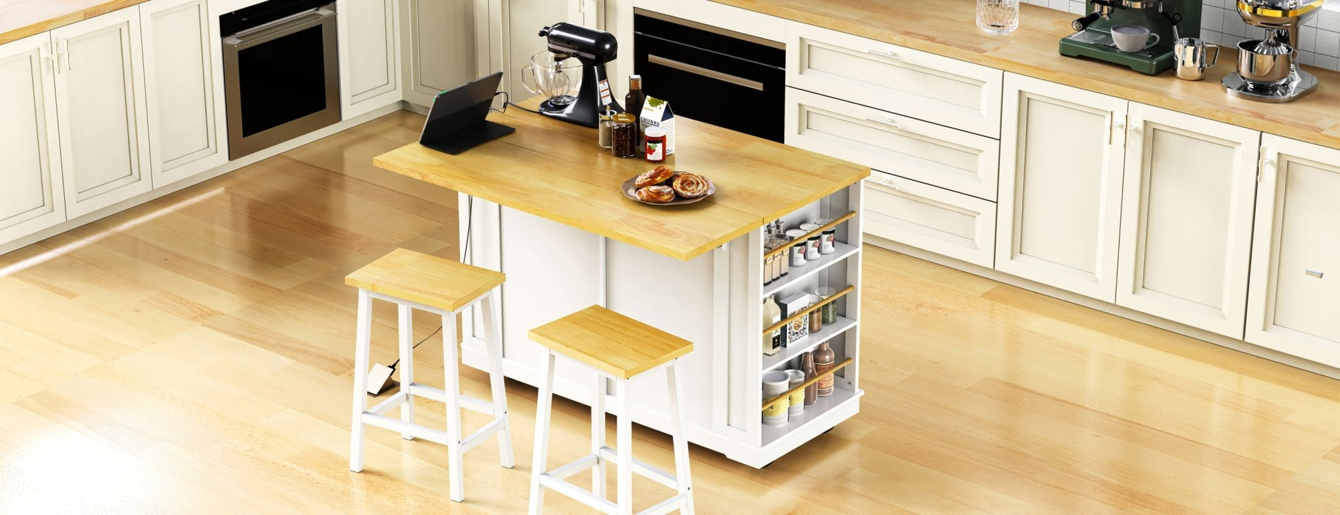48inch Kitchen Island with 2 Bar Stools, Power Outlet, Door Internal Storage Rack, Kitchen Storage Cart on 5 Wheels with Drop Leaf, 5 Side Racks, 2 Drawers,White (Old SKU N707S000015W)(Three Packages) - 1st Choice Furniture Direct