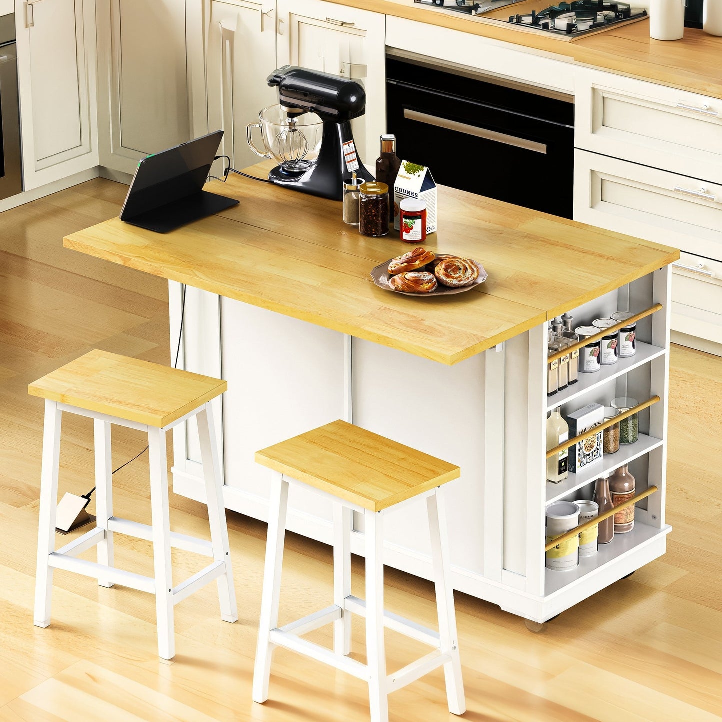 48inch Kitchen Island with 2 Bar Stools, Power Outlet, Door Internal Storage Rack, Kitchen Storage Cart on 5 Wheels with Drop Leaf, 5 Side Racks, 2 Drawers,White (Old SKU N707S000015W)(Three Packages) - 1st Choice Furniture Direct