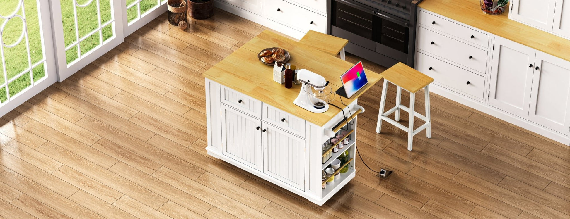 48inch Kitchen Island with 2 Bar Stools, Power Outlet, Door Internal Storage Rack, Kitchen Storage Cart on 5 Wheels with Drop Leaf, 5 Side Racks, 2 Drawers,White (Old SKU N707S000015W)(Three Packages) - 1st Choice Furniture Direct