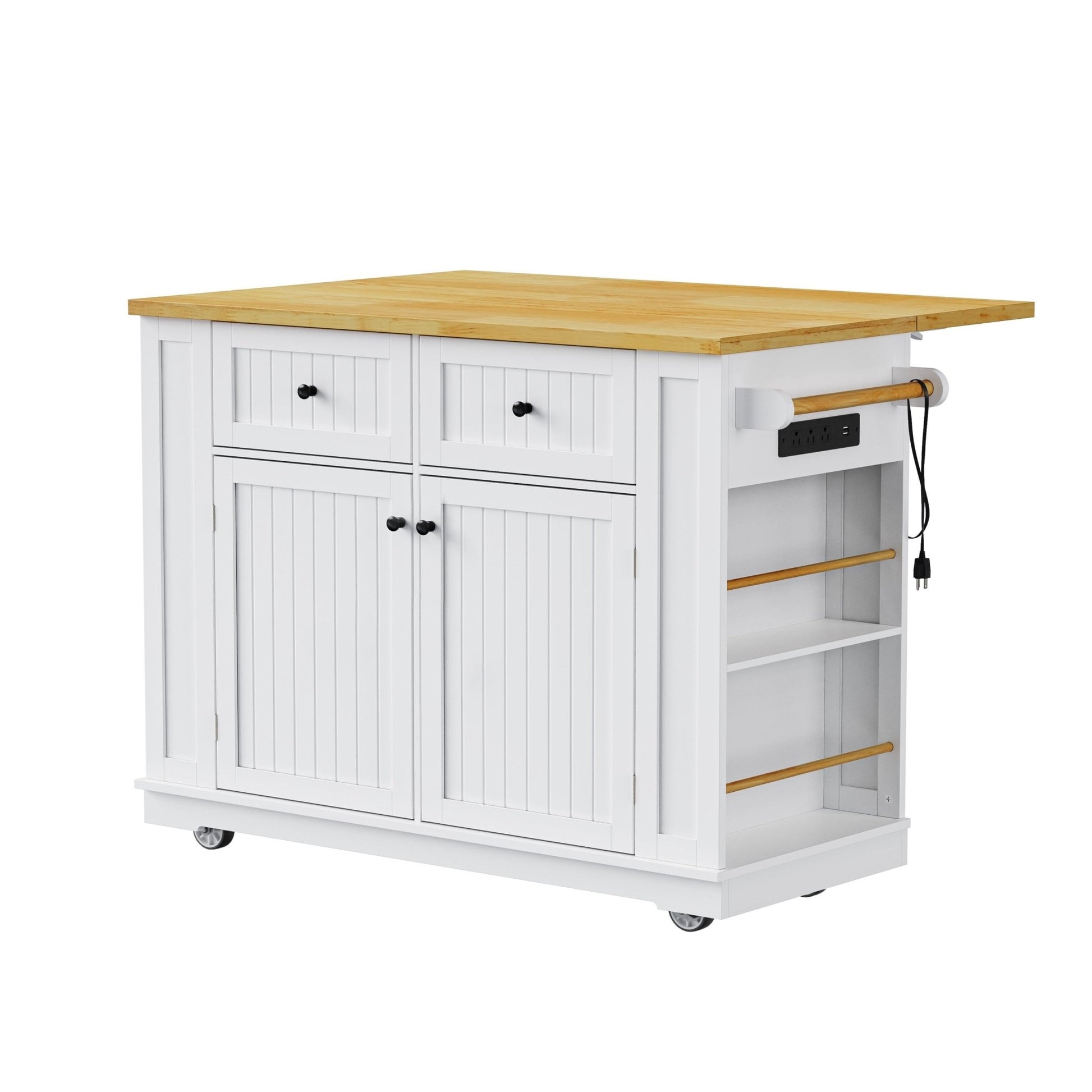 48inch Kitchen Island with 2 Bar Stools, Power Outlet, Door Internal Storage Rack, Kitchen Storage Cart on 5 Wheels with Drop Leaf, 5 Side Racks, 2 Drawers,White (Old SKU N707S000015W)(Three Packages) - 1st Choice Furniture Direct