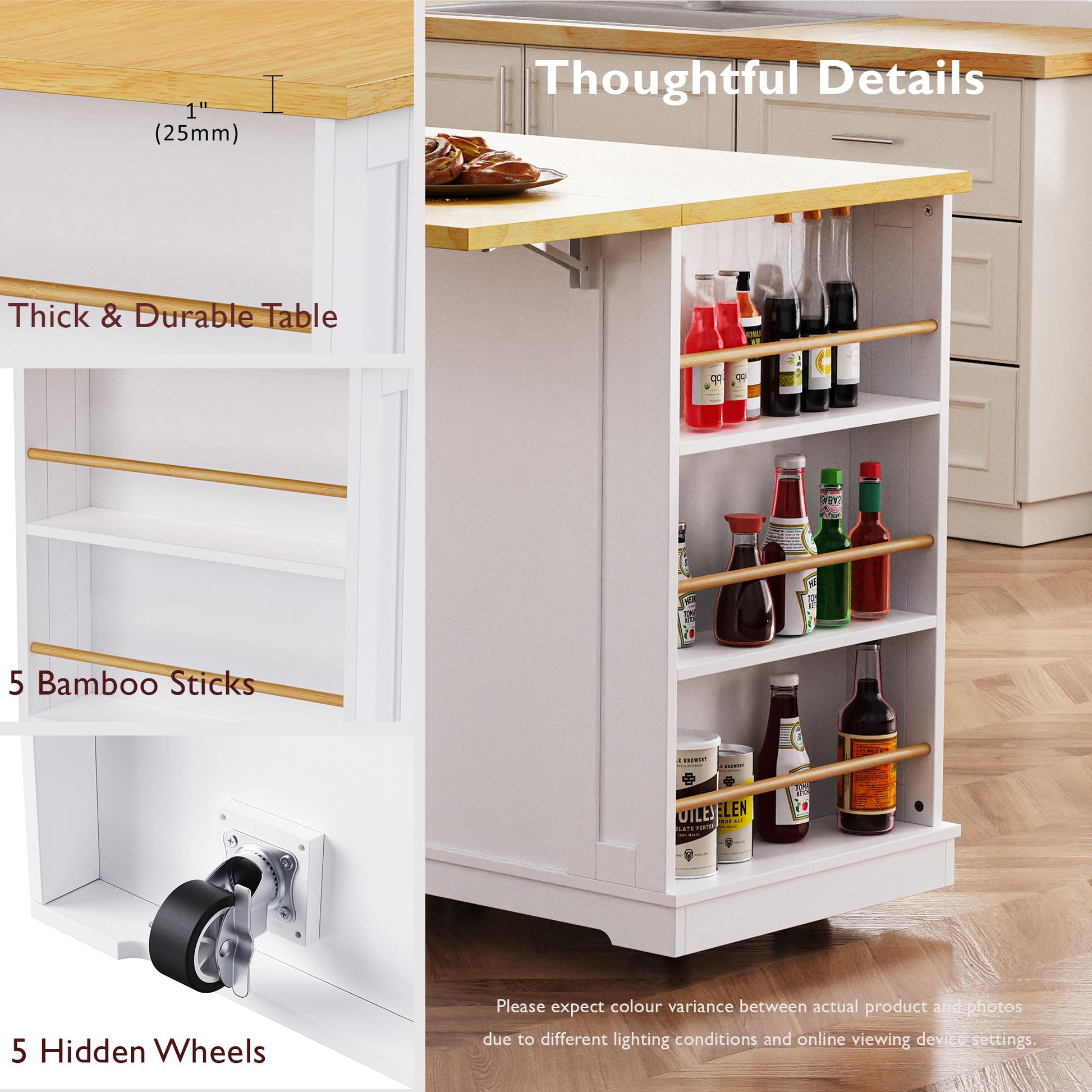 48inch Kitchen Island with 2 Bar Stools, Power Outlet, Door Internal Storage Rack, Kitchen Storage Cart on 5 Wheels with Drop Leaf, 5 Side Racks, 2 Drawers,White (Old SKU N707S000015W)(Three Packages) - 1st Choice Furniture Direct