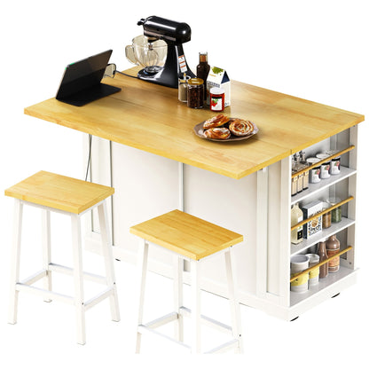 48inch Kitchen Island with 2 Bar Stools, Power Outlet, Door Internal Storage Rack, Kitchen Storage Cart on 5 Wheels with Drop Leaf, 5 Side Racks, 2 Drawers,White (Old SKU N707S000015W)(Three Packages) - 1st Choice Furniture Direct