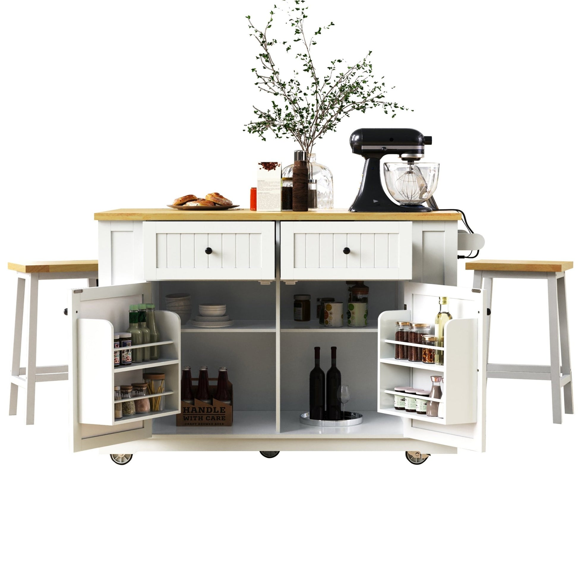 48inch Kitchen Island with 2 Bar Stools, Power Outlet, Door Internal Storage Rack, Kitchen Storage Cart on 5 Wheels with Drop Leaf, 5 Side Racks, 2 Drawers,White (Old SKU N707S000015W)(Three Packages) - 1st Choice Furniture Direct