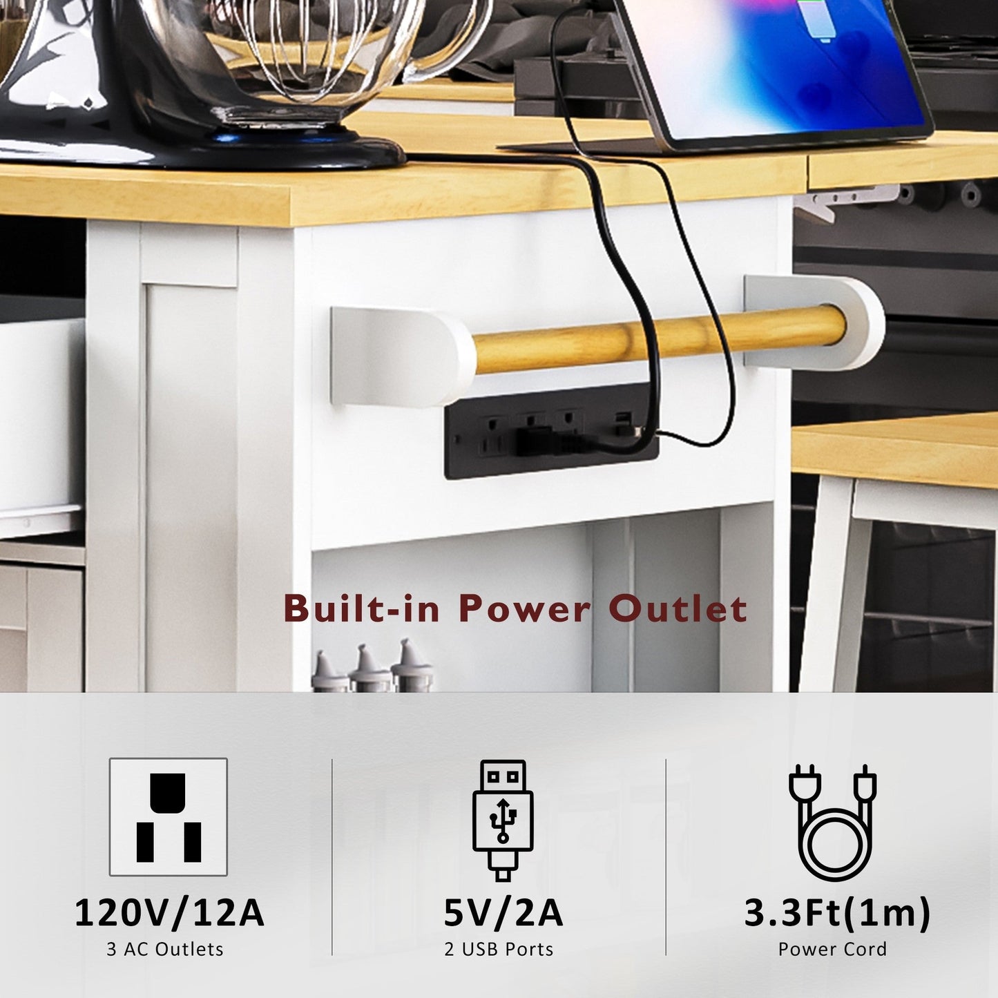 48inch Kitchen Island with 2 Bar Stools, Power Outlet, Door Internal Storage Rack, Kitchen Storage Cart on 5 Wheels with Drop Leaf, 5 Side Racks, 2 Drawers,White (Old SKU N707S000015W)(Three Packages) - 1st Choice Furniture Direct
