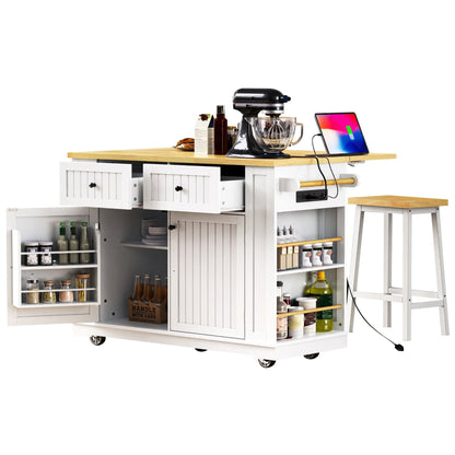 48inch Kitchen Island with 2 Bar Stools, Power Outlet, Door Internal Storage Rack, Kitchen Storage Cart on 5 Wheels with Drop Leaf, 5 Side Racks, 2 Drawers,White (Old SKU N707S000015W)(Three Packages) - 1st Choice Furniture Direct