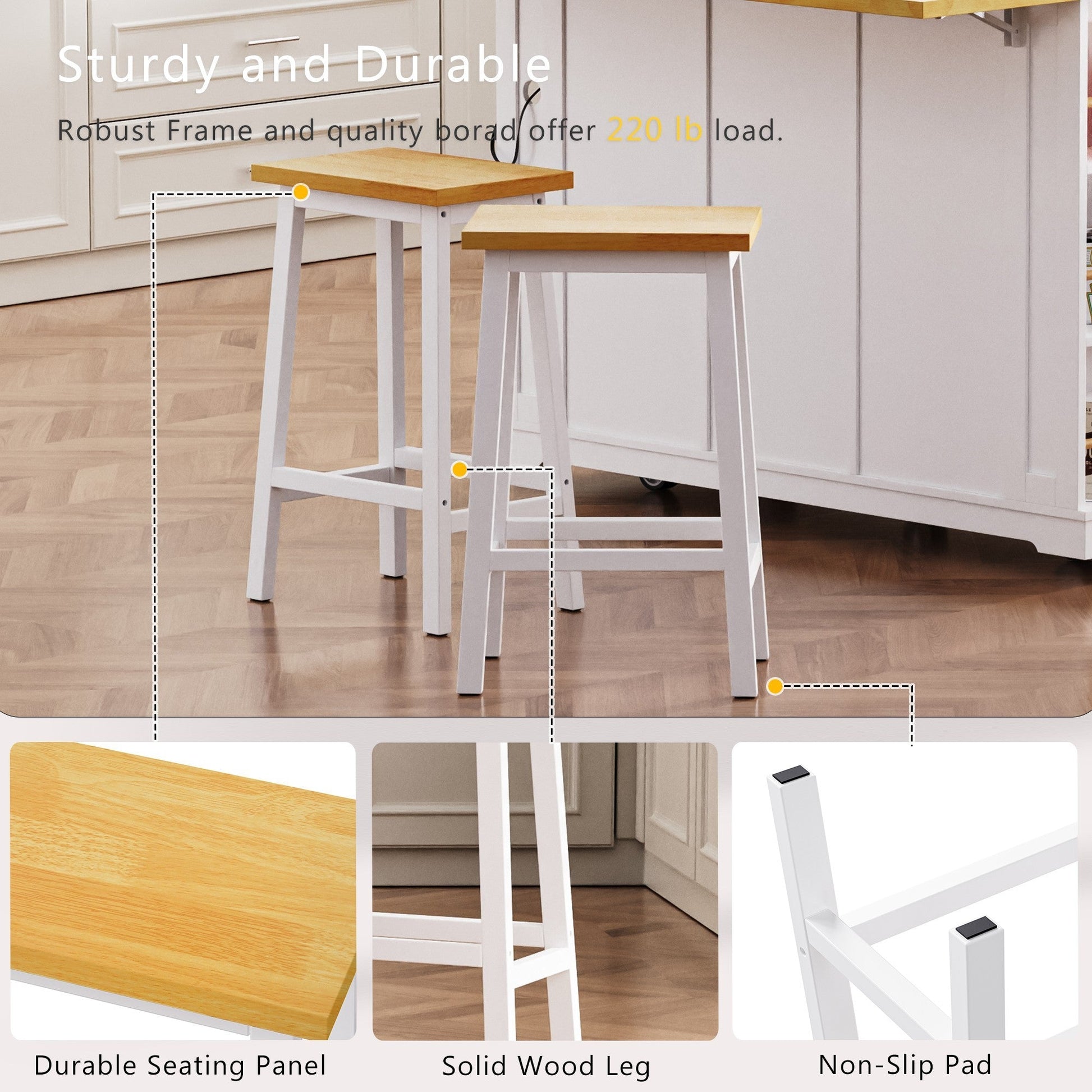48inch Kitchen Island with 2 Bar Stools, Power Outlet, Door Internal Storage Rack, Kitchen Storage Cart on 5 Wheels with Drop Leaf, 5 Side Racks, 2 Drawers,White (Old SKU N707S000015W)(Three Packages) - 1st Choice Furniture Direct