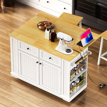 48inch Kitchen Island with 2 Bar Stools, Power Outlet, Door Internal Storage Rack, Kitchen Storage Cart on 5 Wheels with Drop Leaf, 5 Side Racks, 2 Drawers,White (Old SKU N707S000015W)(Three Packages) - 1st Choice Furniture Direct