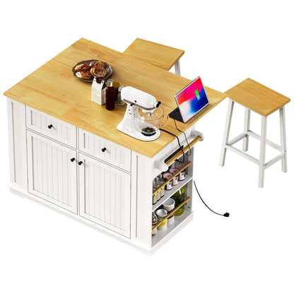 48inch Kitchen Island with 2 Bar Stools, Power Outlet, Door Internal Storage Rack, Kitchen Storage Cart on 5 Wheels with Drop Leaf, 5 Side Racks, 2 Drawers,White (Old SKU N707S000015W)(Three Packages) - 1st Choice Furniture Direct