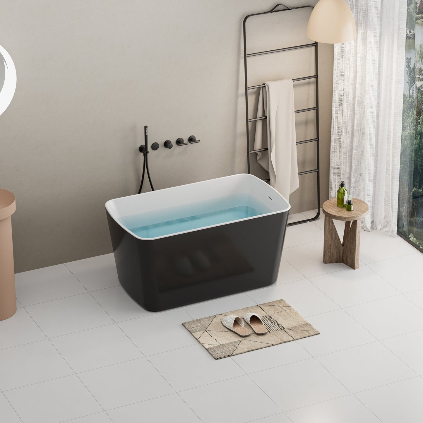 49'' Acrylic Freestanding Soaking Bathtub, Square - shape Japanese Soaking Hot Tub with Chrome Overflow and Drain, Glossy Black 24A01 - 49B - 1st Choice Furniture Direct