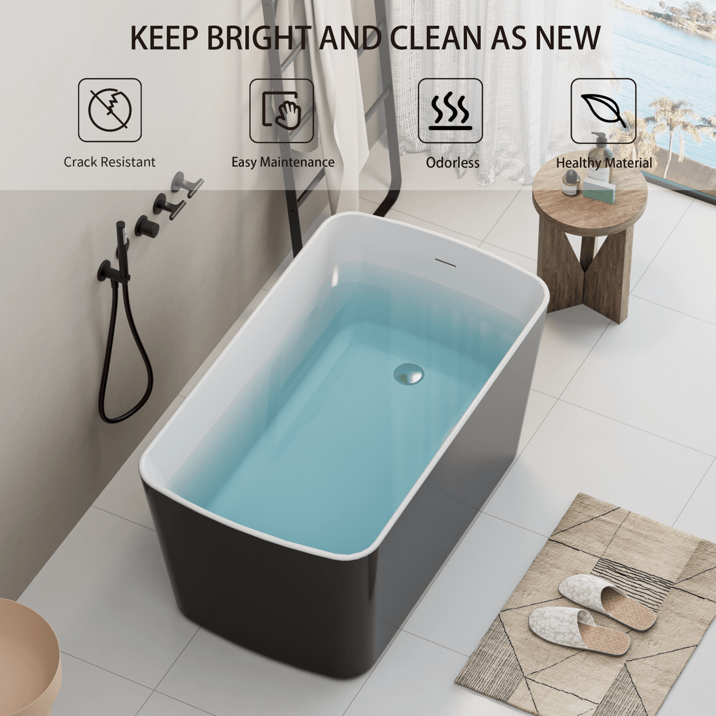 49'' Acrylic Freestanding Soaking Bathtub, Square - shape Japanese Soaking Hot Tub with Chrome Overflow and Drain, Glossy Black 24A01 - 49B - 1st Choice Furniture Direct