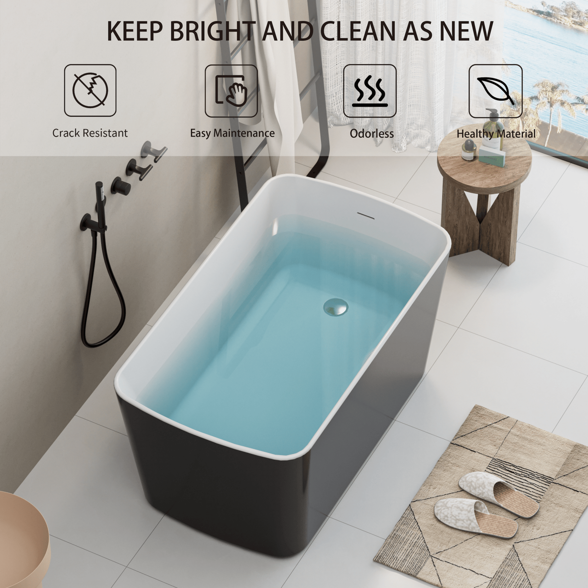 49'' Acrylic Freestanding Soaking Bathtub, Square - shape Japanese Soaking Hot Tub with Chrome Overflow and Drain, Glossy Black 24A01 - 49B - 1st Choice Furniture Direct