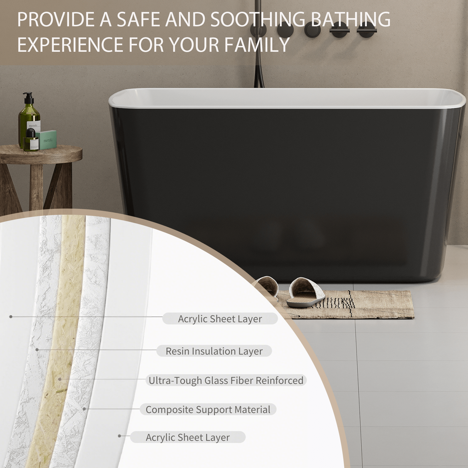 49'' Acrylic Freestanding Soaking Bathtub, Square - shape Japanese Soaking Hot Tub with Chrome Overflow and Drain, Glossy Black 24A01 - 49B - 1st Choice Furniture Direct