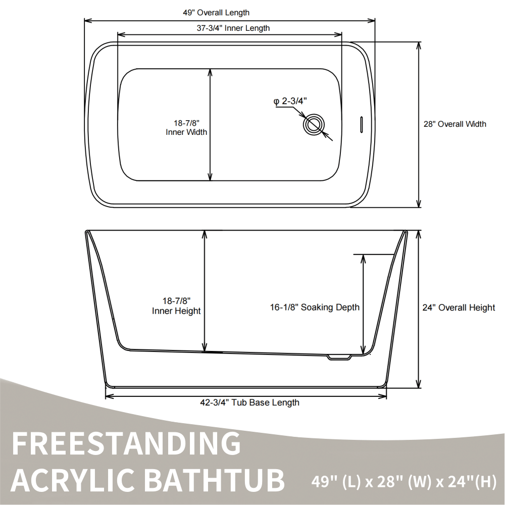 49'' Acrylic Freestanding Soaking Bathtub, Square - shape Japanese Soaking Hot Tub with Chrome Overflow and Drain, Glossy Black 24A01 - 49B - 1st Choice Furniture Direct