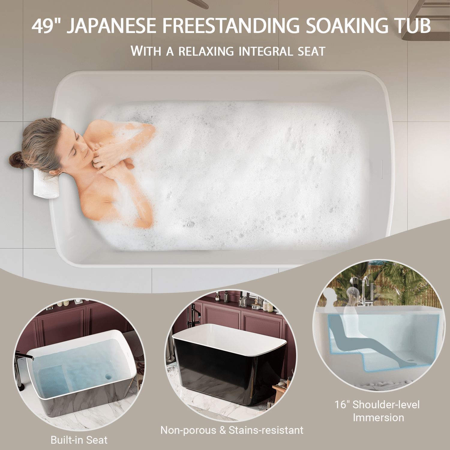 49'' x 28'' Acrylic Freestanding Soaking Bathtub, Square - shape Japanese Soaking Hot Tub, Sit - In Design with Chrome Overflow and Drain, Available for Express Delivery, Glossy Black 23AMA - 49B - 1st Choice Furniture Direct