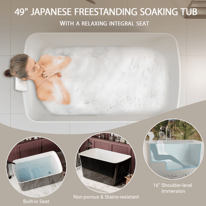 49'' x 28'' Acrylic Freestanding Soaking Bathtub, Square - shape Japanese Soaking Hot Tub, Sit - In Design with Chrome Overflow and Drain, Available for Express Delivery, Glossy Black 23AMA - 49B - 1st Choice Furniture Direct