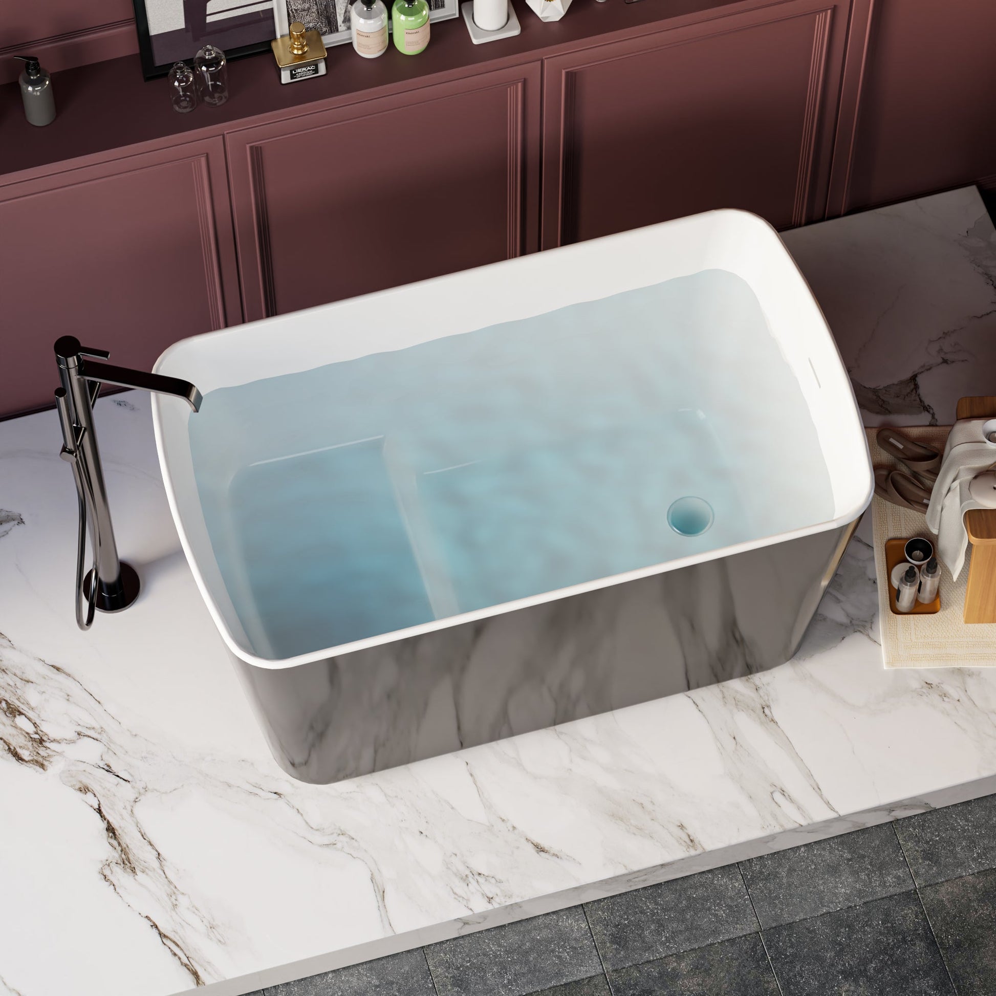 49'' x 28'' Acrylic Freestanding Soaking Bathtub, Square - shape Japanese Soaking Hot Tub, Sit - In Design with Chrome Overflow and Drain, Available for Express Delivery, Glossy Black 23AMA - 49B - 1st Choice Furniture Direct