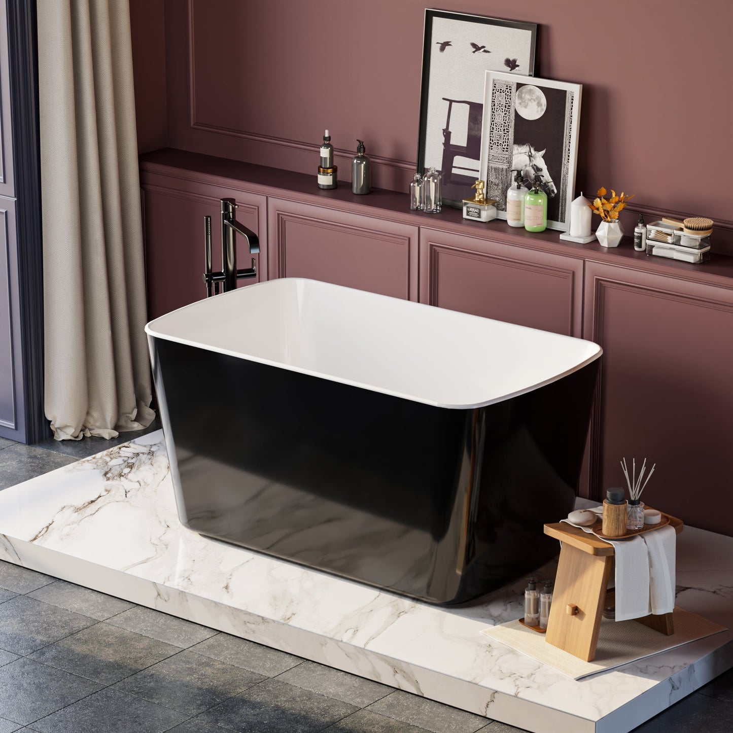 49'' x 28'' Acrylic Freestanding Soaking Bathtub, Square - shape Japanese Soaking Hot Tub, Sit - In Design with Chrome Overflow and Drain, Available for Express Delivery, Glossy Black 23AMA - 49B - 1st Choice Furniture Direct
