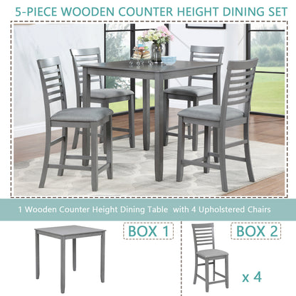 5 Piece Dining Table Set, Wooden Dining Square Table Set for 4, Counter Height Kitchen Table Set with Square Table and 4 Upholstered Chairs for Small Space, Gray