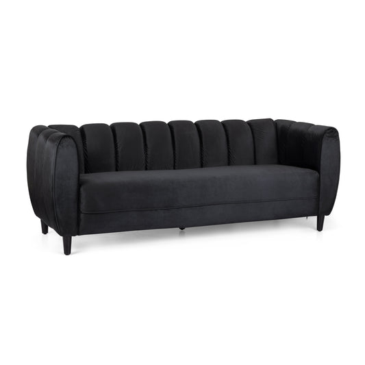 Miranda Modern Glam Velvet 3-Seater Sofa in Black with Birch Wood Legs