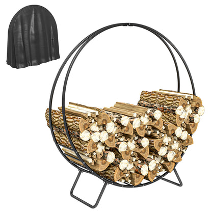Outsunny 48 Inch Firewood Rack with Zipper Cover, Waterproof Firewood Log Rack, Heavy Duty Wood Storage Hoop, Indoor Outdoor Logs Stacker Stand for Fireplace, Firepit, Black