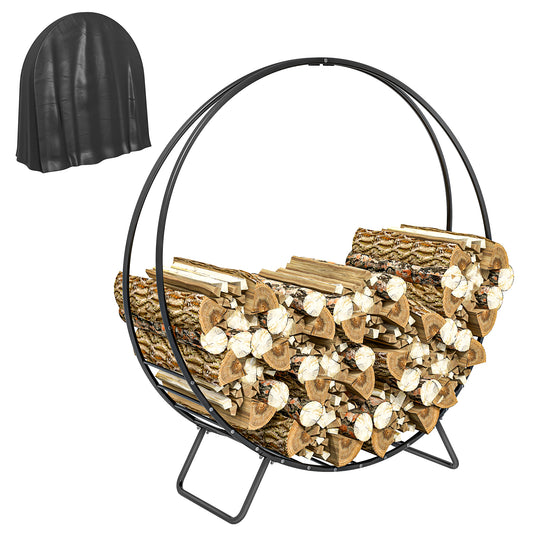 Outsunny 48 Inch Firewood Rack with Zipper Cover, Waterproof Firewood Log Rack, Heavy Duty Wood Storage Hoop, Indoor Outdoor Logs Stacker Stand for Fireplace, Firepit, Black