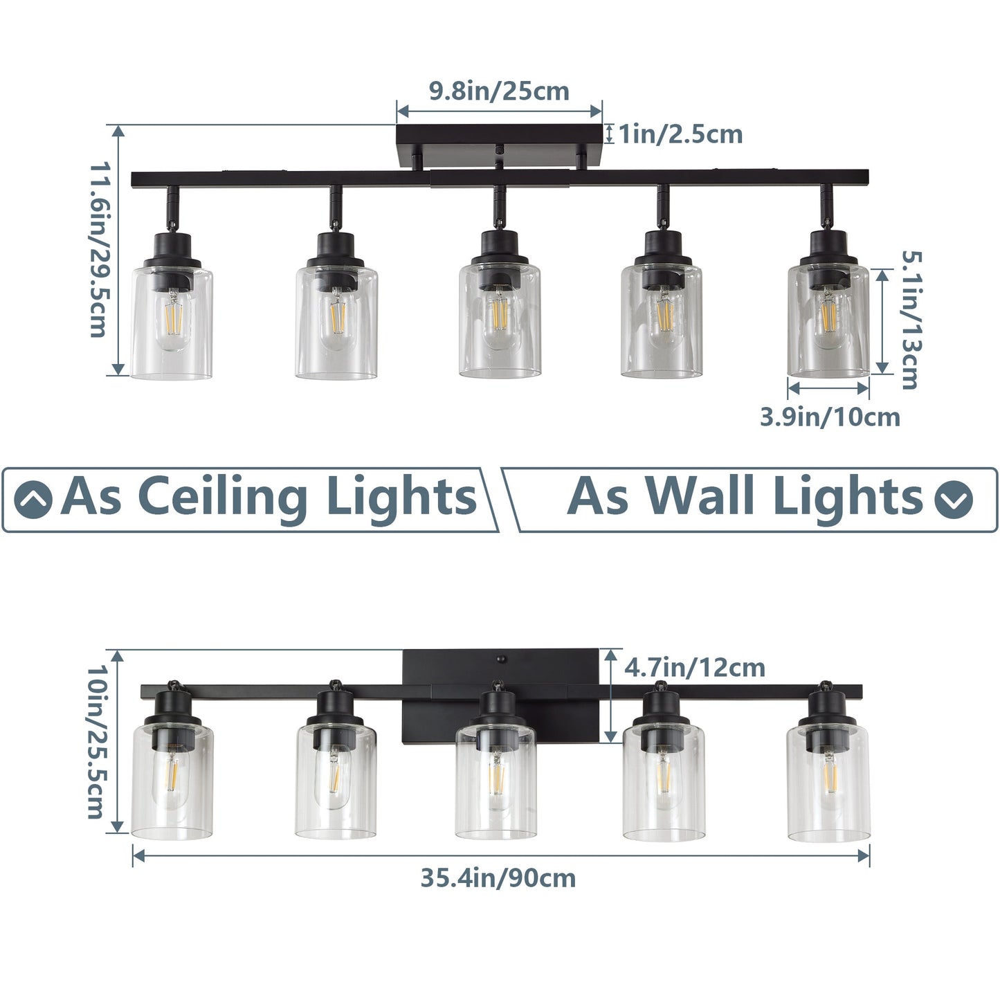 5 - Light Track Lighting Kit Black Track Lighting Fixtures Bathroom Wall Sconces Ceiling Mount Kitchen Tracking Lights, Rotatable Spotlight with Clear Glass Shade for Kitchen Shop Hallway - 1st Choice Furniture Direct