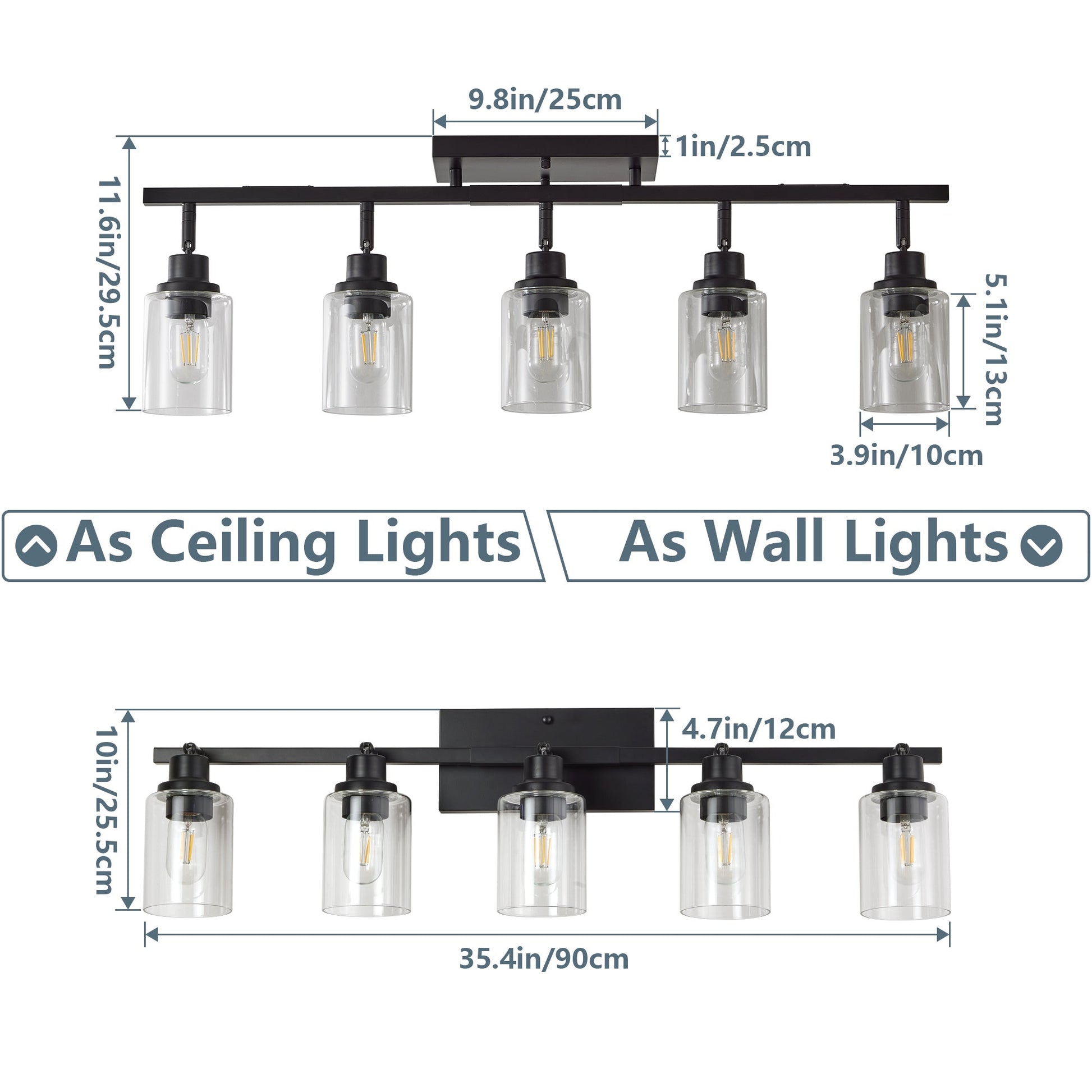 5 - Light Track Lighting Kit Black Track Lighting Fixtures Bathroom Wall Sconces Ceiling Mount Kitchen Tracking Lights, Rotatable Spotlight with Clear Glass Shade for Kitchen Shop Hallway - 1st Choice Furniture Direct
