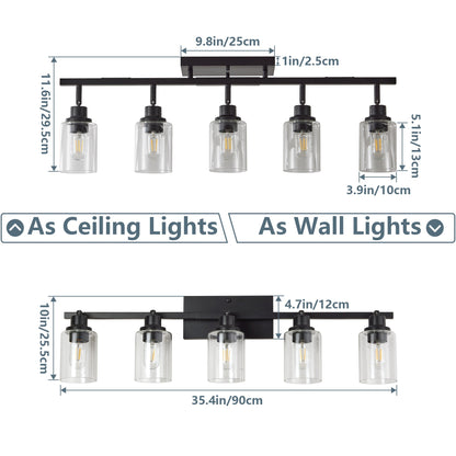 5 - Light Track Lighting Kit Black Track Lighting Fixtures Bathroom Wall Sconces Ceiling Mount Kitchen Tracking Lights, Rotatable Spotlight with Clear Glass Shade for Kitchen Shop Hallway - 1st Choice Furniture Direct