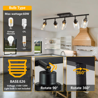 5 - Light Track Lighting Kit Black Track Lighting Fixtures Bathroom Wall Sconces Ceiling Mount Kitchen Tracking Lights, Rotatable Spotlight with Clear Glass Shade for Kitchen Shop Hallway - 1st Choice Furniture Direct