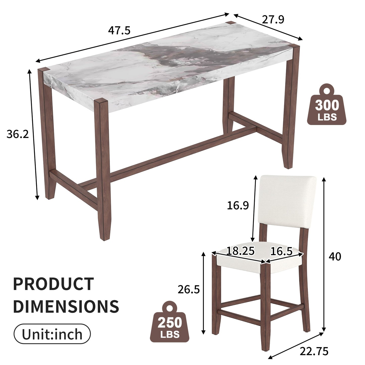 5 - Piece Counter Height Dining Table Set for 4 | Faux Marble Table & Upholstered Chairs - 1st Choice Furniture Direct