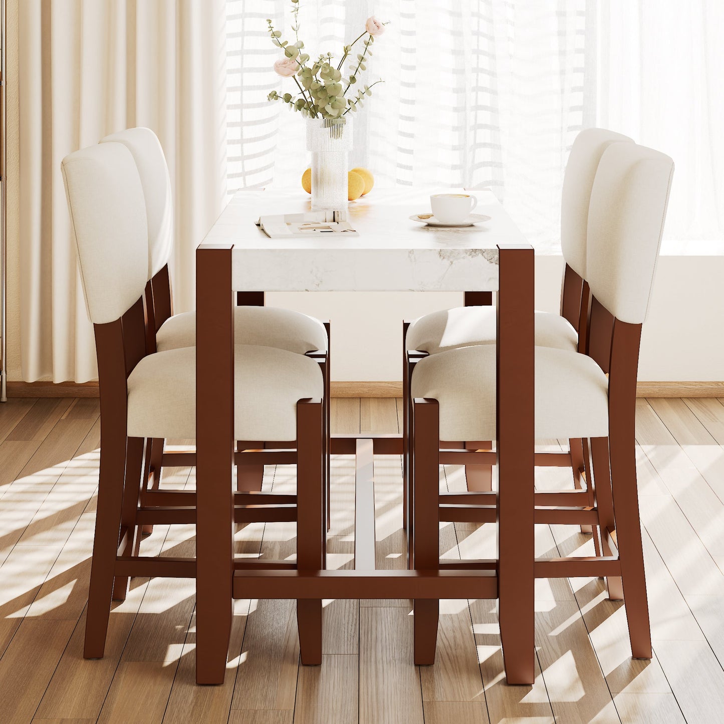 5 - Piece Counter Height Dining Table Set for 4 | Faux Marble Table & Upholstered Chairs - 1st Choice Furniture Direct