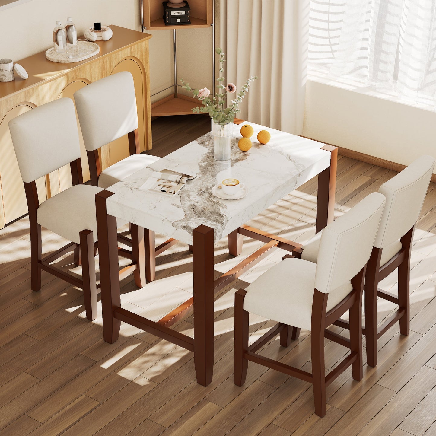 5 - Piece Counter Height Dining Table Set for 4 | Faux Marble Table & Upholstered Chairs - 1st Choice Furniture Direct
