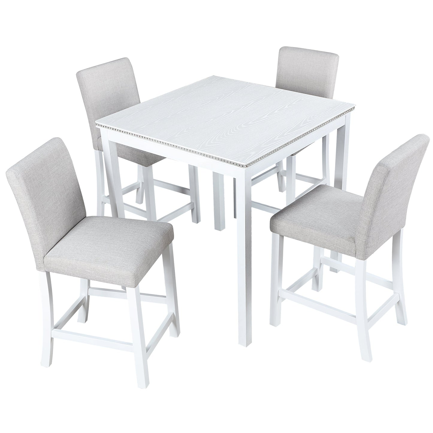 5 Piece Counter Height Table Set, Wooden Kitchen Table Set with Square Table and 4 Upholstered Chairs, Counter Height Dining Table with Crystal Decoration and Chair Set for Kitchen, Dining Room, White - 1st Choice Furniture Direct
