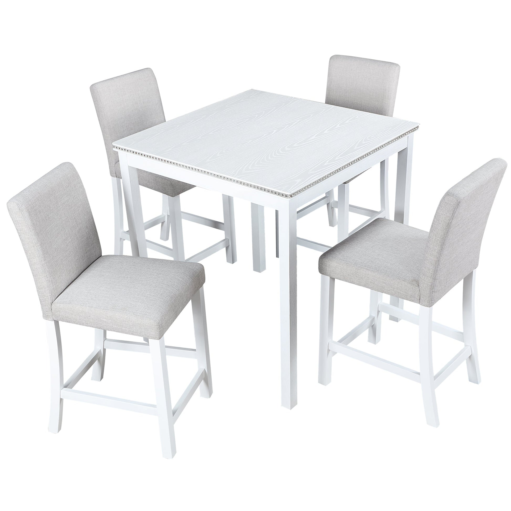 5 Piece Counter Height Table Set, Wooden Kitchen Table Set with Square Table and 4 Upholstered Chairs, Counter Height Dining Table with Crystal Decoration and Chair Set for Kitchen, Dining Room, White - 1st Choice Furniture Direct