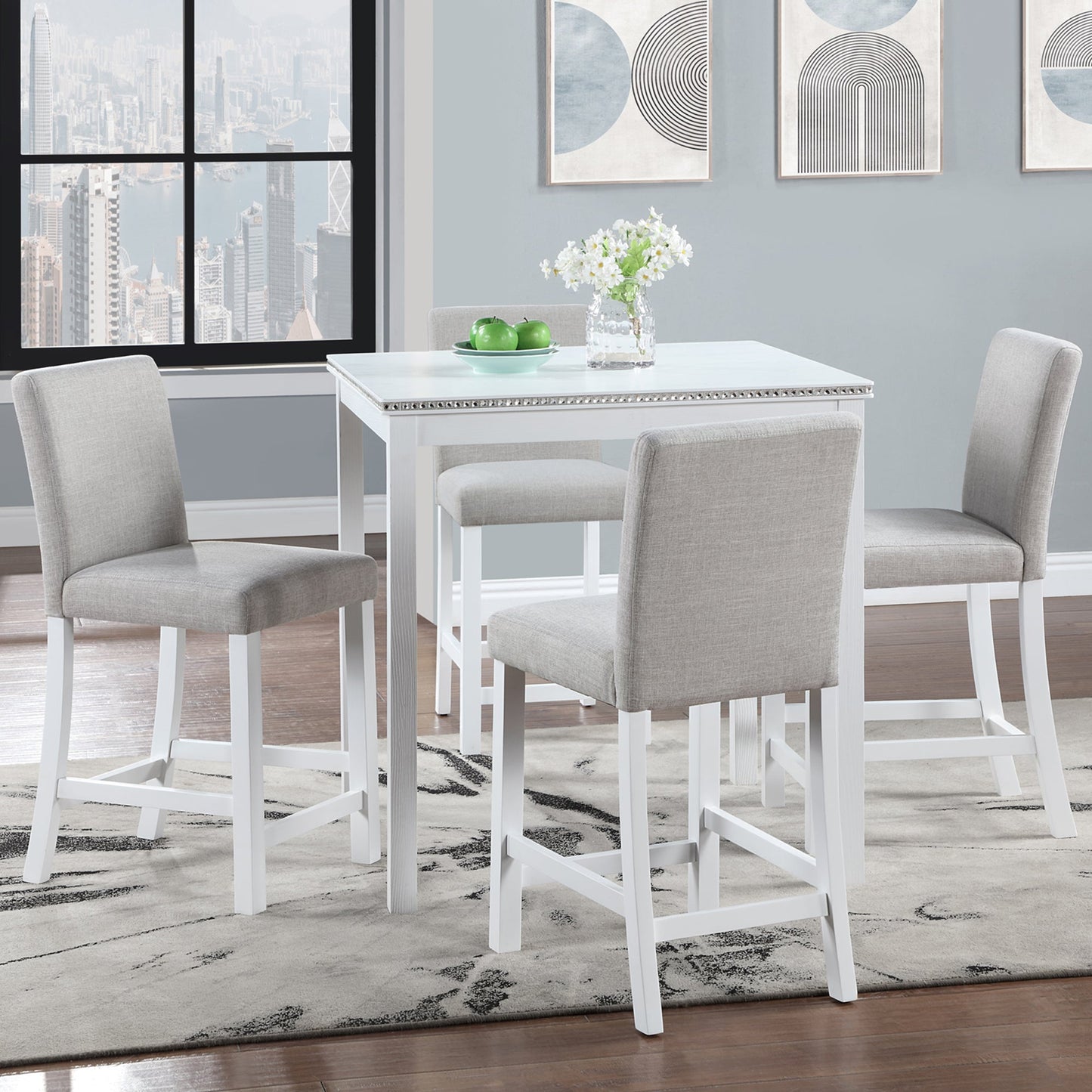 5 Piece Counter Height Table Set, Wooden Kitchen Table Set with Square Table and 4 Upholstered Chairs, Counter Height Dining Table with Crystal Decoration and Chair Set for Kitchen, Dining Room, White - 1st Choice Furniture Direct
