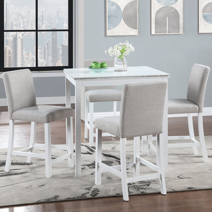 5 Piece Counter Height Table Set, Wooden Kitchen Table Set with Square Table and 4 Upholstered Chairs, Counter Height Dining Table with Crystal Decoration and Chair Set for Kitchen, Dining Room, White - 1st Choice Furniture Direct
